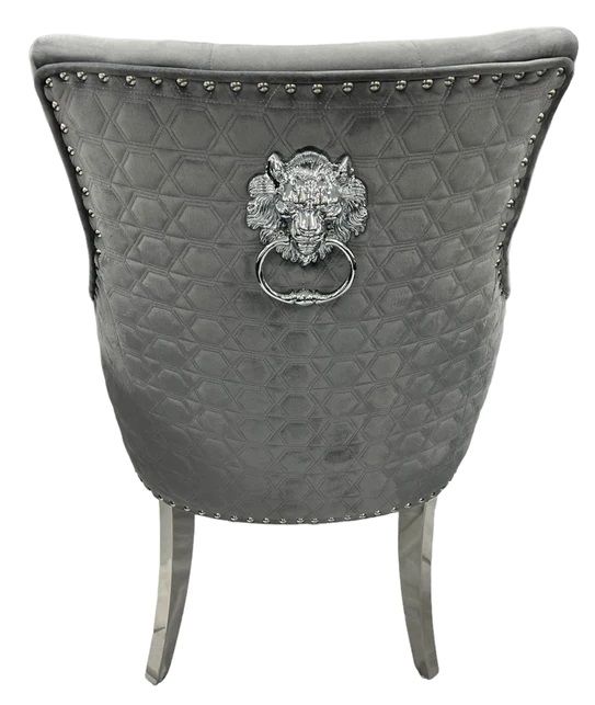 Oakwood Arianna 1.8M Grey Marble Dining Table With Roma Lion Knockerback Dining Chairs