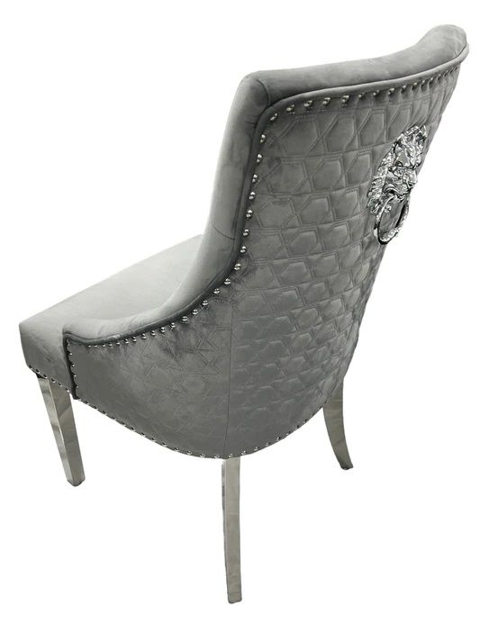 Oakwood Arianna 1.8M Grey Marble Dining Table With Roma Lion Knockerback Dining Chairs
