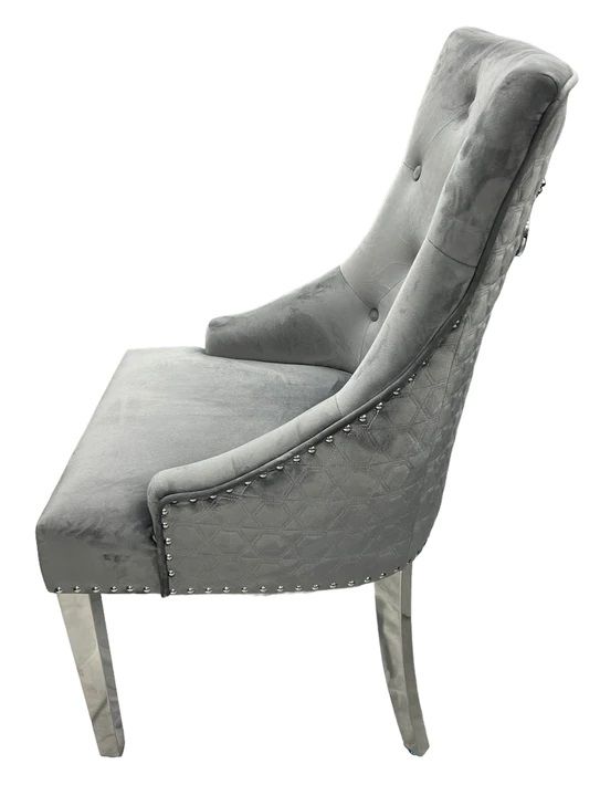 Oakwood Arianna 1.8M Grey Marble Dining Table With Roma Lion Knockerback Dining Chairs