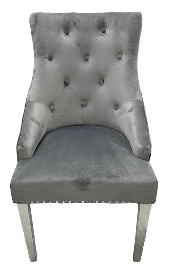 Oakwood Arianna 1.8M Grey Marble Dining Table With Roma Lion Knockerback Dining Chairs