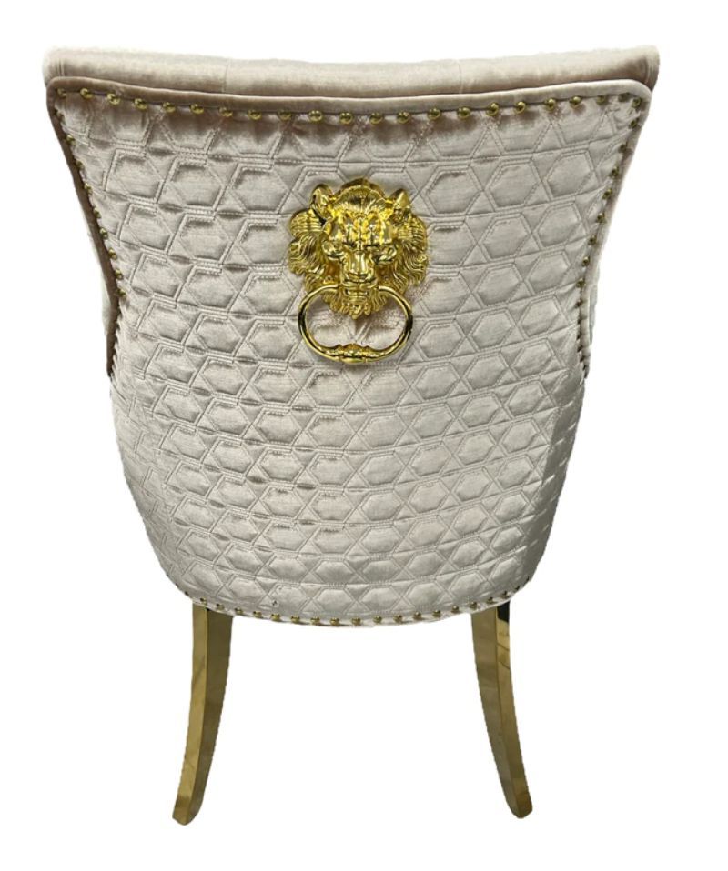Oakwood Arianna 1.8M Gold Dining Table With 8 Lion Knocker back Dining Chairs