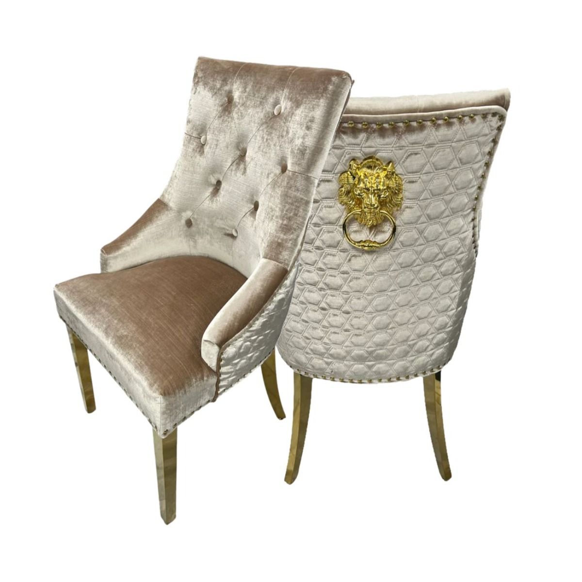 Oakwood Arianna 1.8M Gold Dining Table With 6 Lion Knocker back Dining Chairs