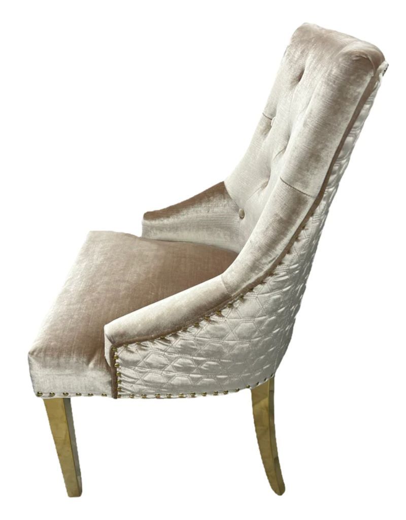 Oakwood Arianna 1.8M Gold Dining Table With 8 Lion Knocker back Dining Chairs