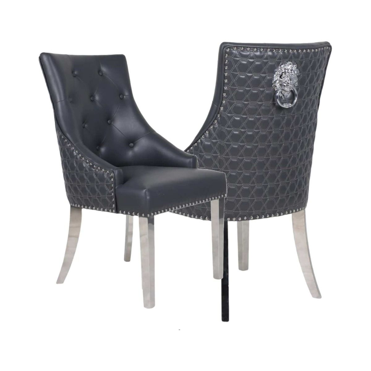 Oakwood Chelsea Dark Grey PU Leather Lion Knocker back Dining Chairs