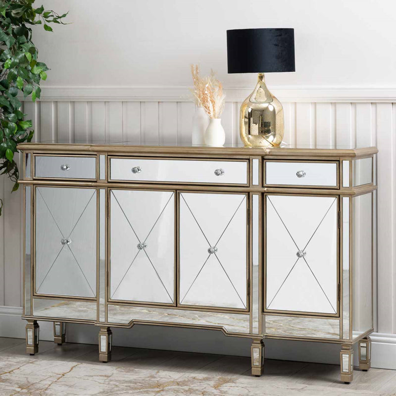 Oakwood Lancaster Gold 3 Drawer 4 Door Mirror Cabinet