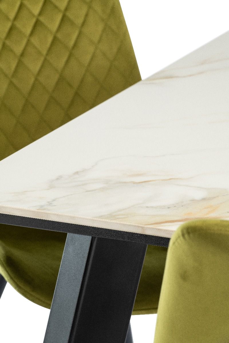 Oakwood Ruby 1.8m Dining Table - Kass Gold with Mabelo Velvet Dining Chairs - Olive