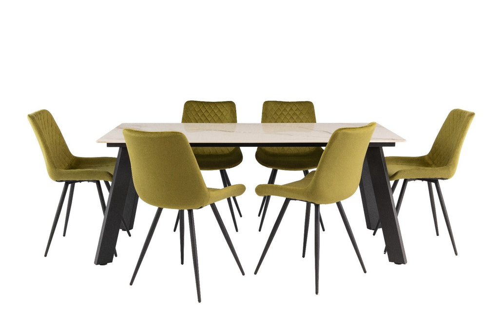 Oakwood Ruby 1.8m Dining Table - Kass Gold with Mabelo Velvet Dining Chairs - Olive