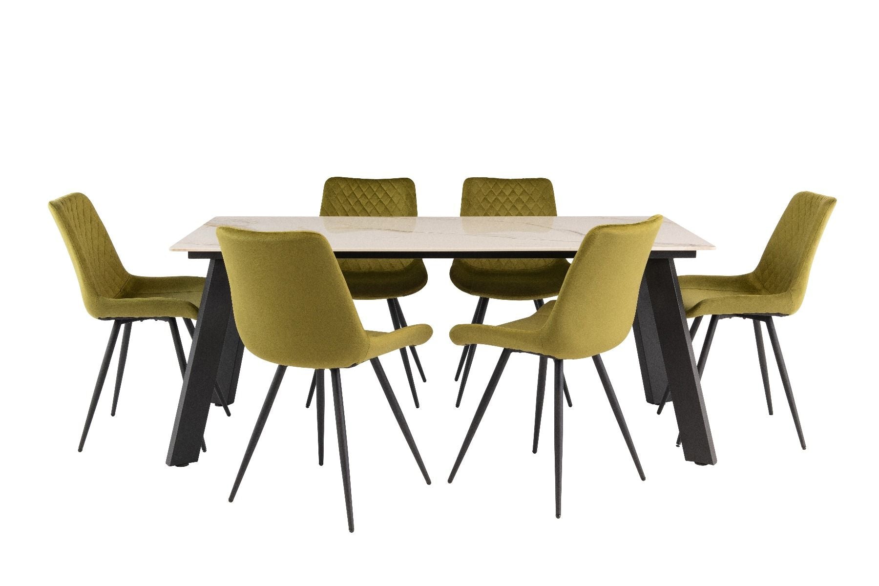 Oakwood Ruby 1.8m Dining Table - Kass Gold with Mabelo Velvet Dining Chairs - Olive