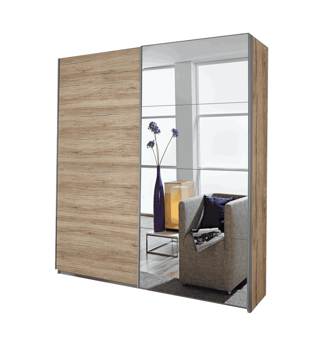 Oakwood Rauch Quadra 2 Gliding Door Wardrobe With Sanremo Oak Light And Mirror Front