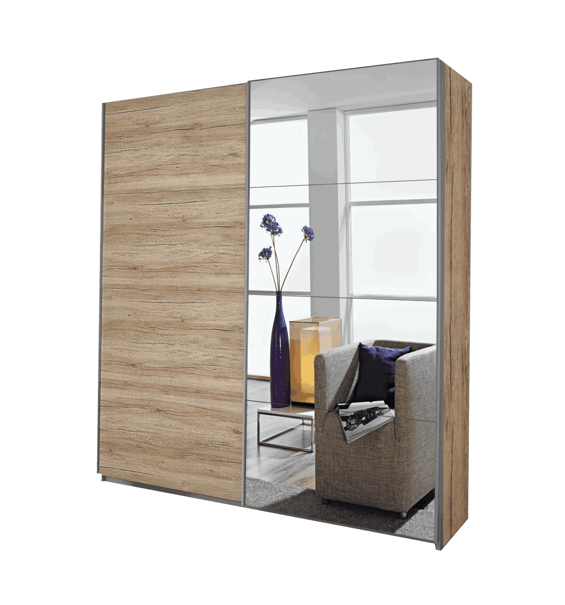 Oakwood Rauch Quadra 2 Gliding Door Wardrobe With Sanremo Oak Light And Mirror Front