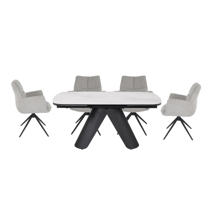 Oakwood Pearl Ext Dining Table with Perla Carver Swivel Chairs