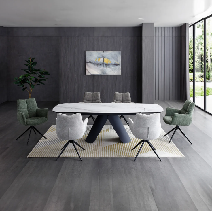 Oakwood Pearl Ext Dining Table with Perla Carver Swivel Chairs