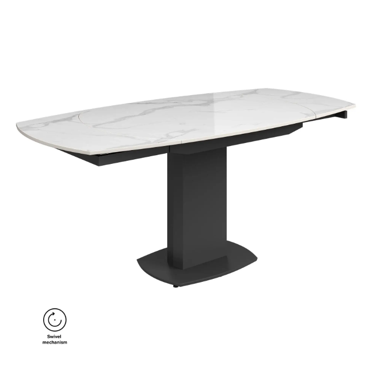 Oakwood Olivia White Ceramic Swivel Extending Dining Table With Zenith Dining Chairs