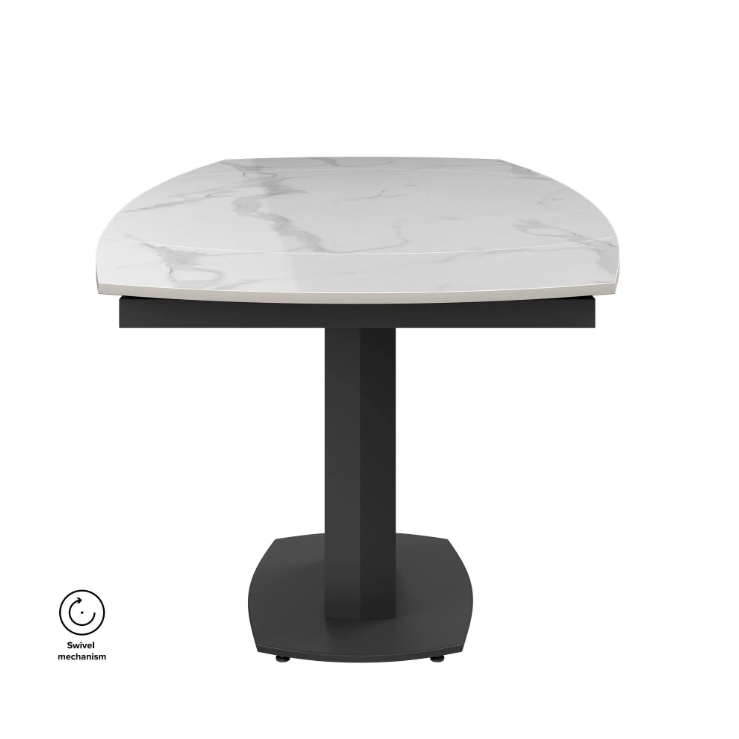 Oakwood Olivia White Ceramic Swivel Extending Dining Table With Zenith Dining Chairs