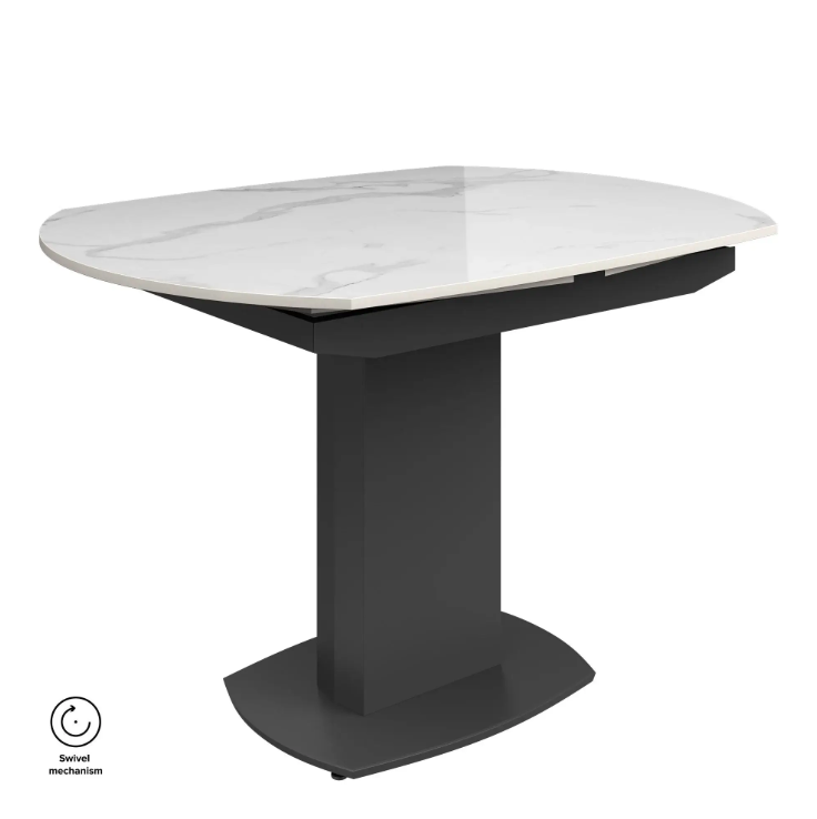 Oakwood Olivia White Ceramic Swivel Extending Dining Table With Zenith Dining Chairs