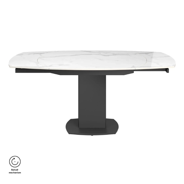 Oakwood Olivia White Ceramic Swivel Extending Dining Table With Zenith Dining Chairs