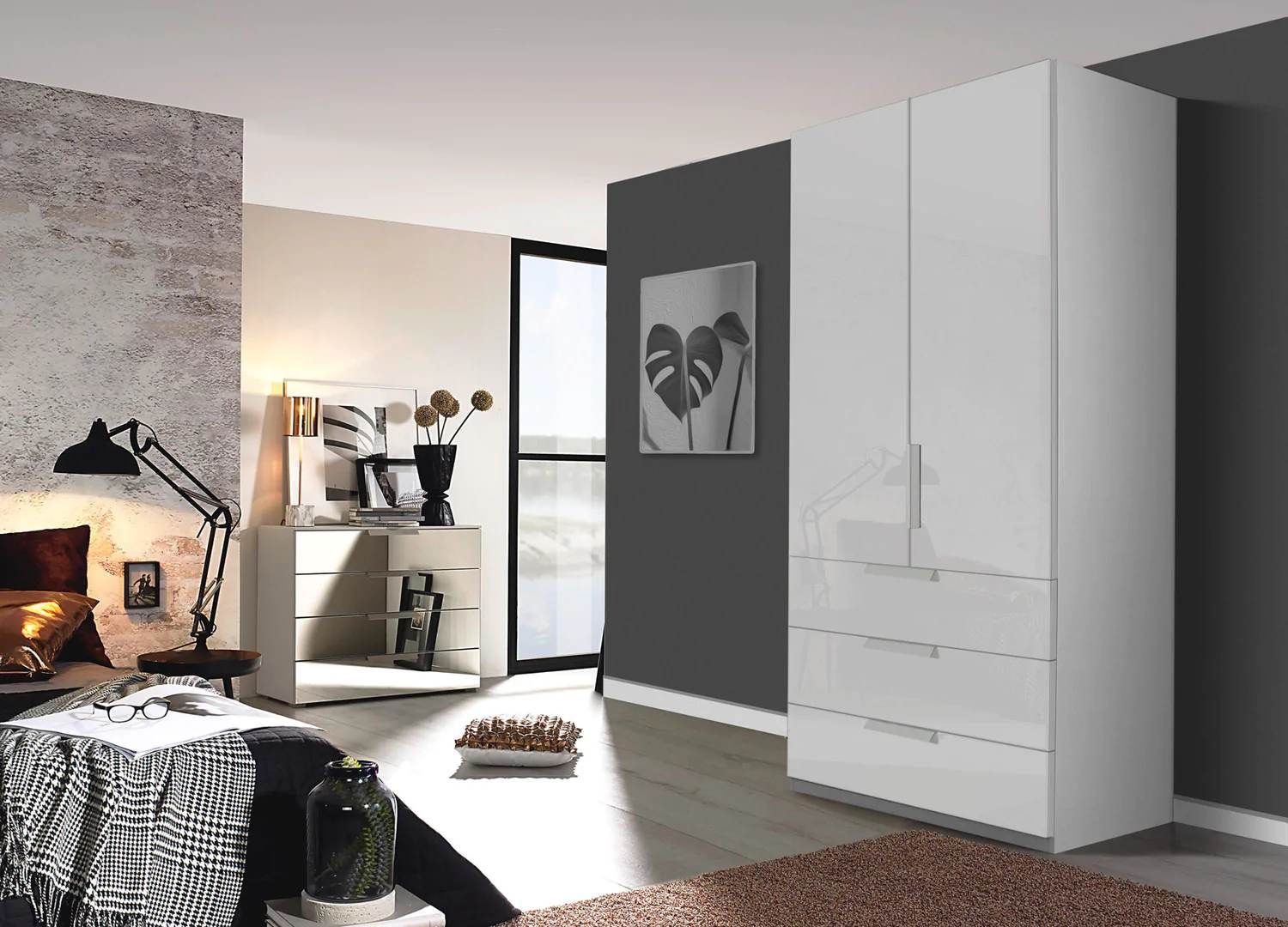 Oakwood Rauch Miramar Lynx Type 6 Silk Grey Glass & Mirror Front 2 Door Hinged Combi Wardrobe