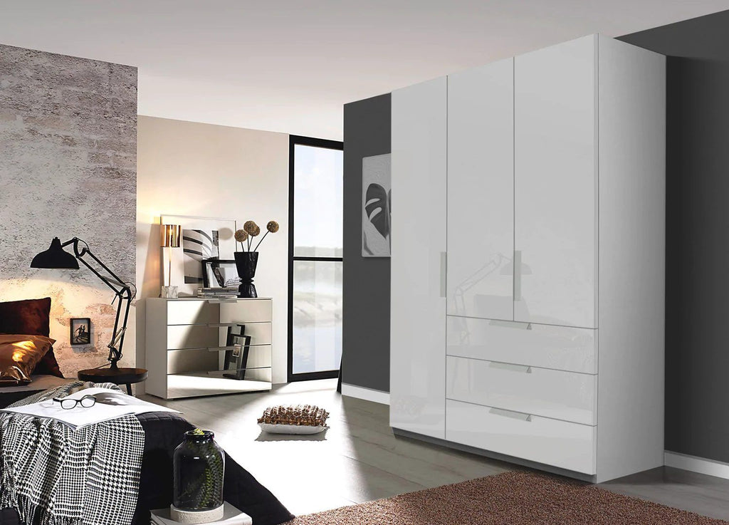 Oakwood Rauch Miramar Lynx Silk Grey Glass & Mirror Front 3 Hinged Door Combi Wardrobe
