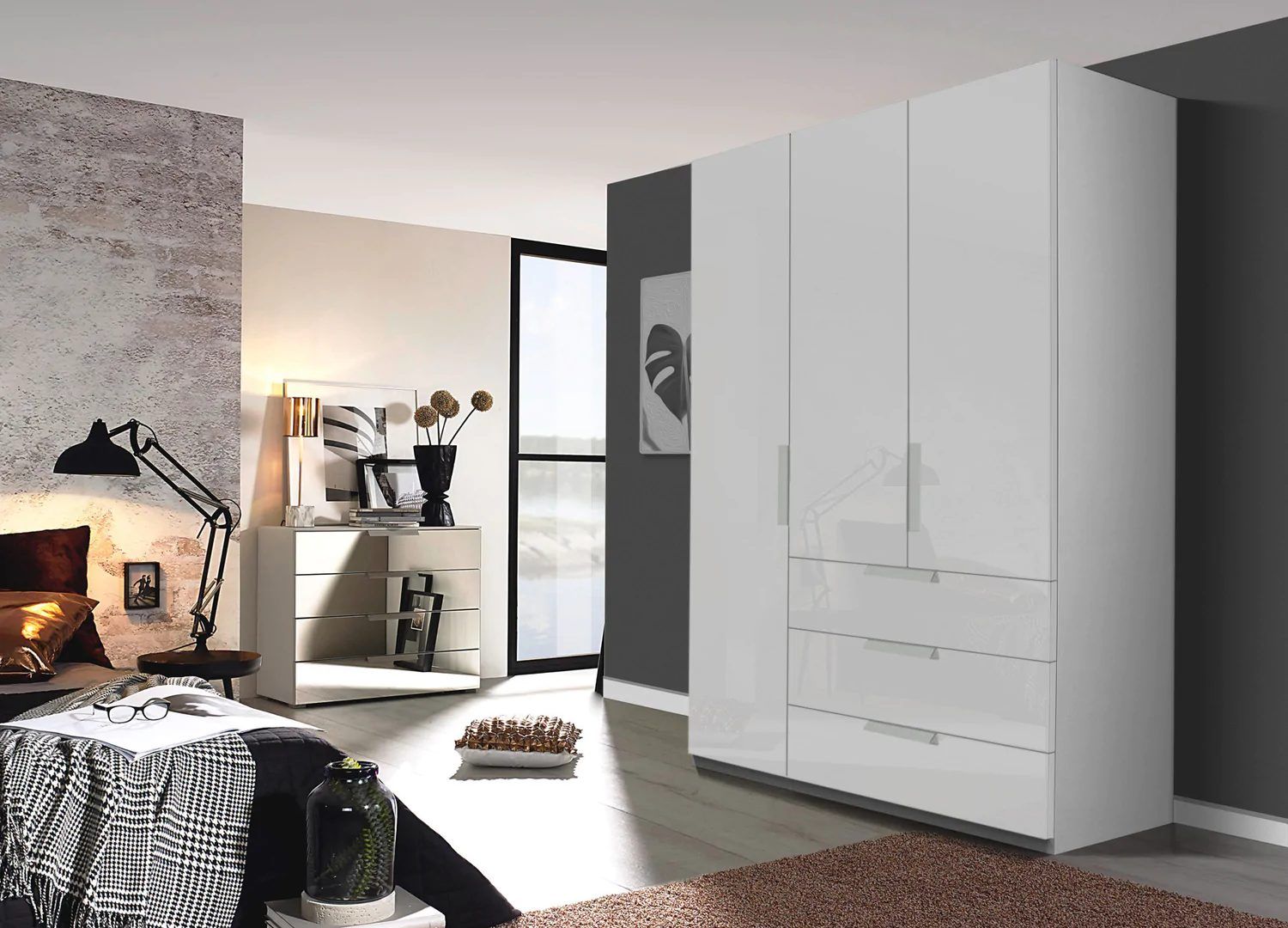 Oakwood Rauch Miramar Lynx Silk Grey Glass & Mirror Front 3 Hinged Door Combi Wardrobe