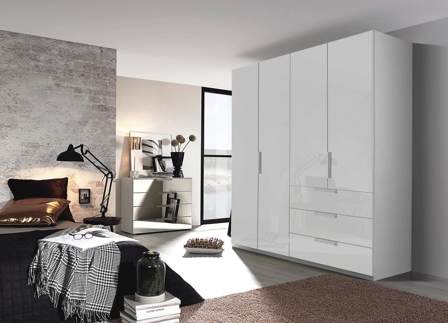 Oakwood Rauch Miramar Lynx Silk Grey Glass & Mirror Front 4 Door Hinged Combi Wardrobe