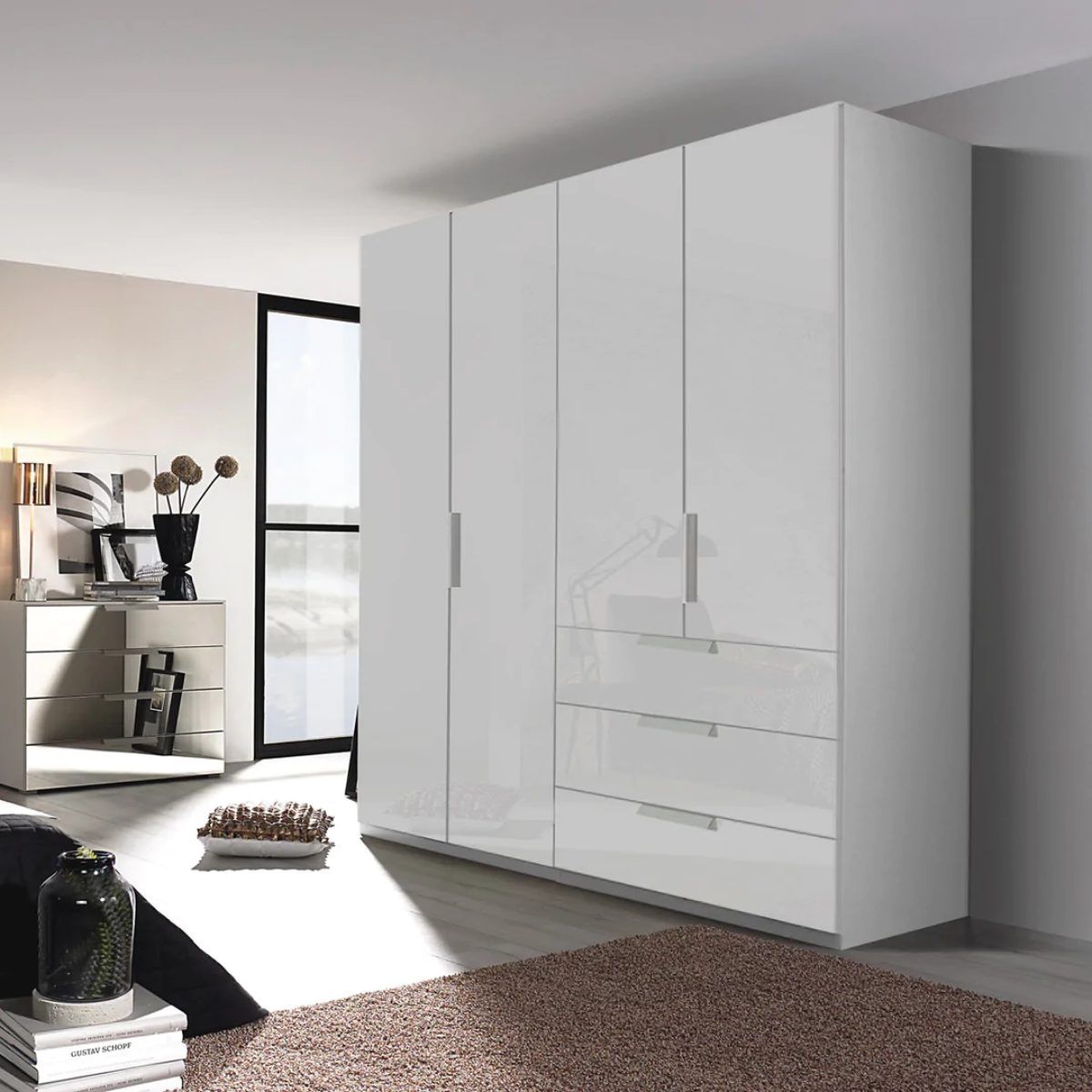 Oakwood Rauch Miramar Lynx Silk Grey Glass & Mirror Front 4 Door Hinged Combi Wardrobe