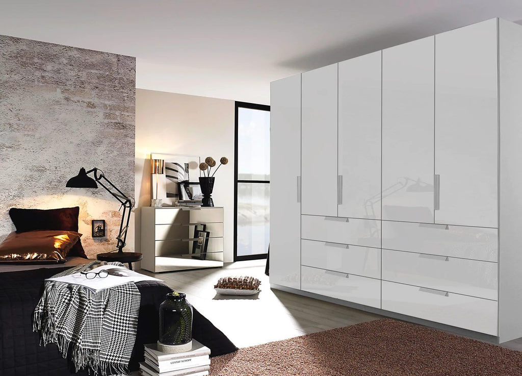 Oakwood Rauch Miramar Lynx Silk Grey Glass & Mirror Front 5 Hinged Door Combi Wardrobe