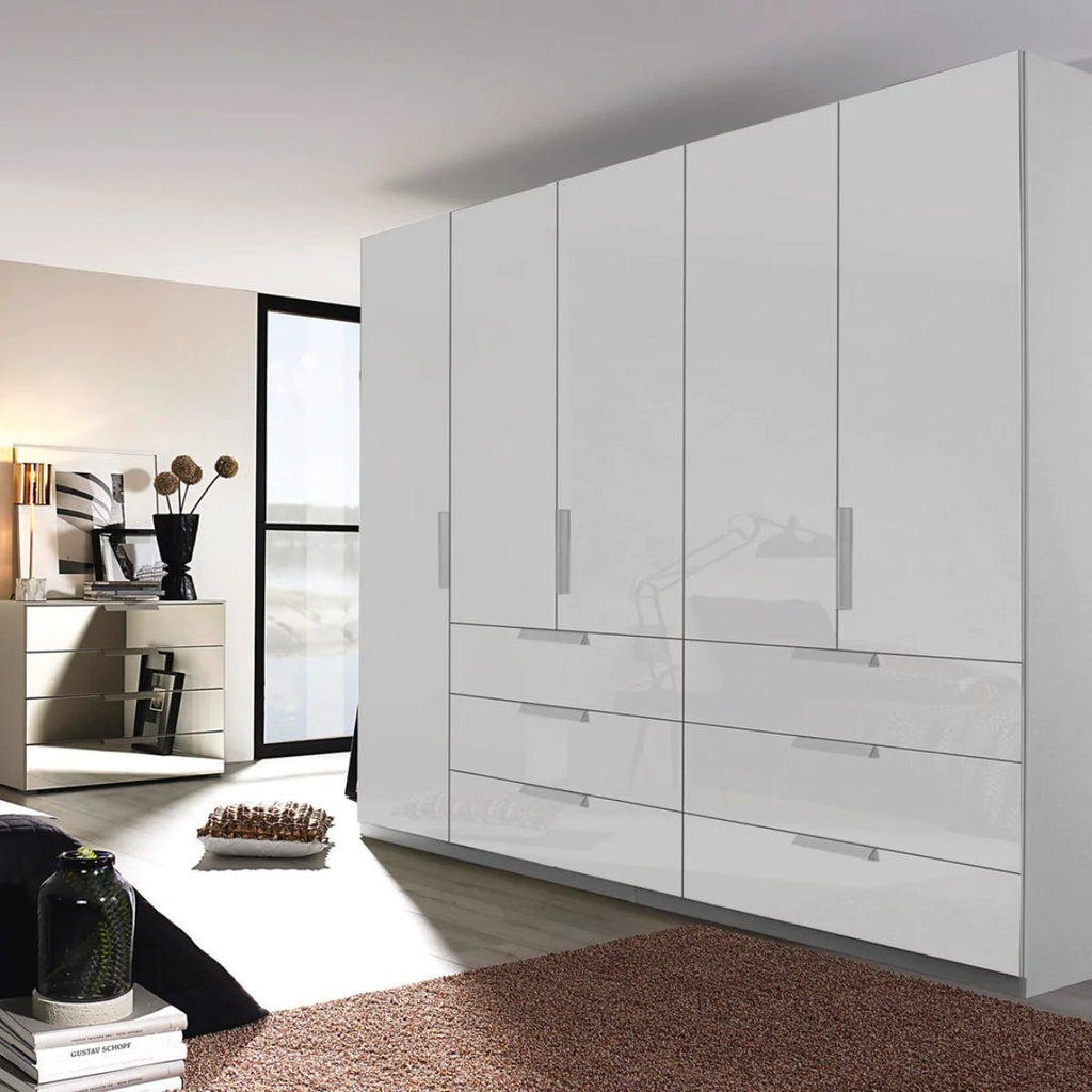 Oakwood Rauch Miramar Lynx Silk Grey Glass & Mirror Front 5 Hinged Door Combi Wardrobe