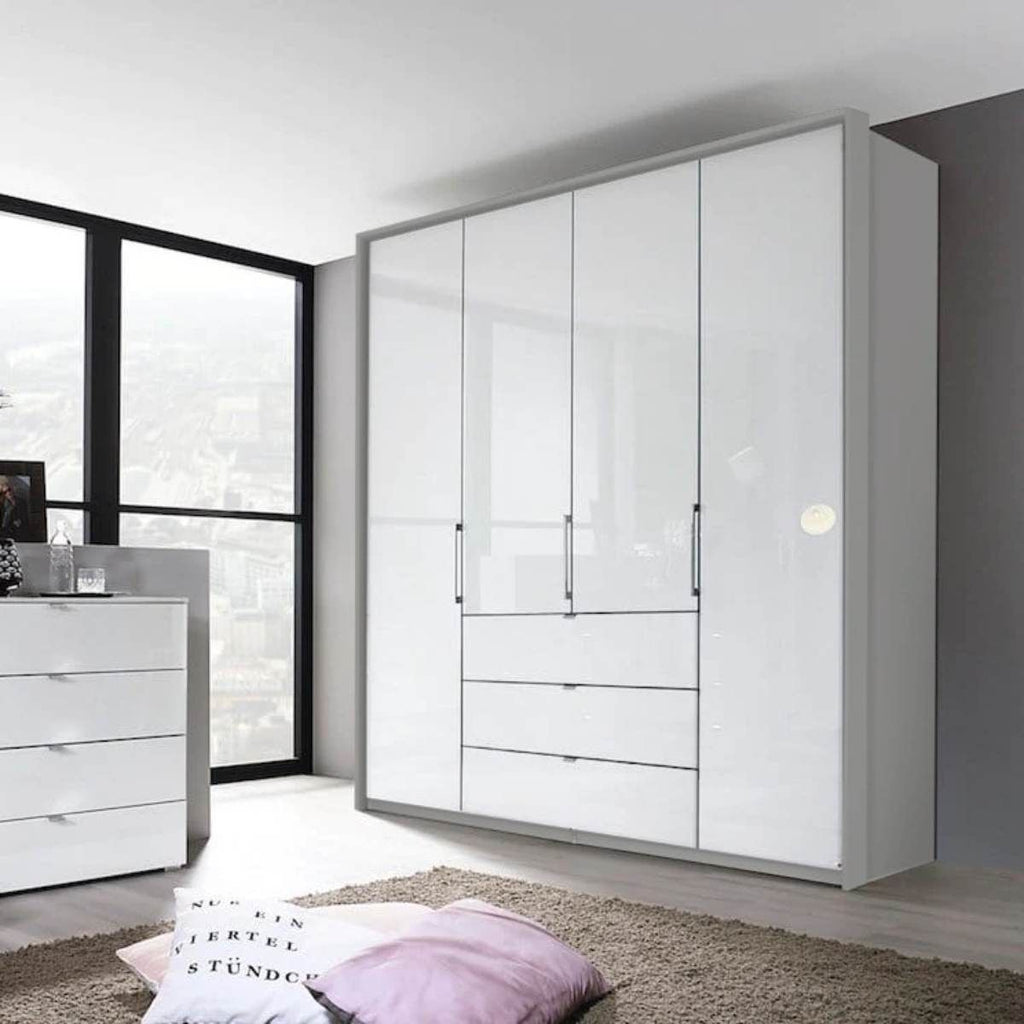 Oakwood Rauch Erimo Style 1 Silk Grey & White Glass Bi-Folding Doors Combi Wardrobe