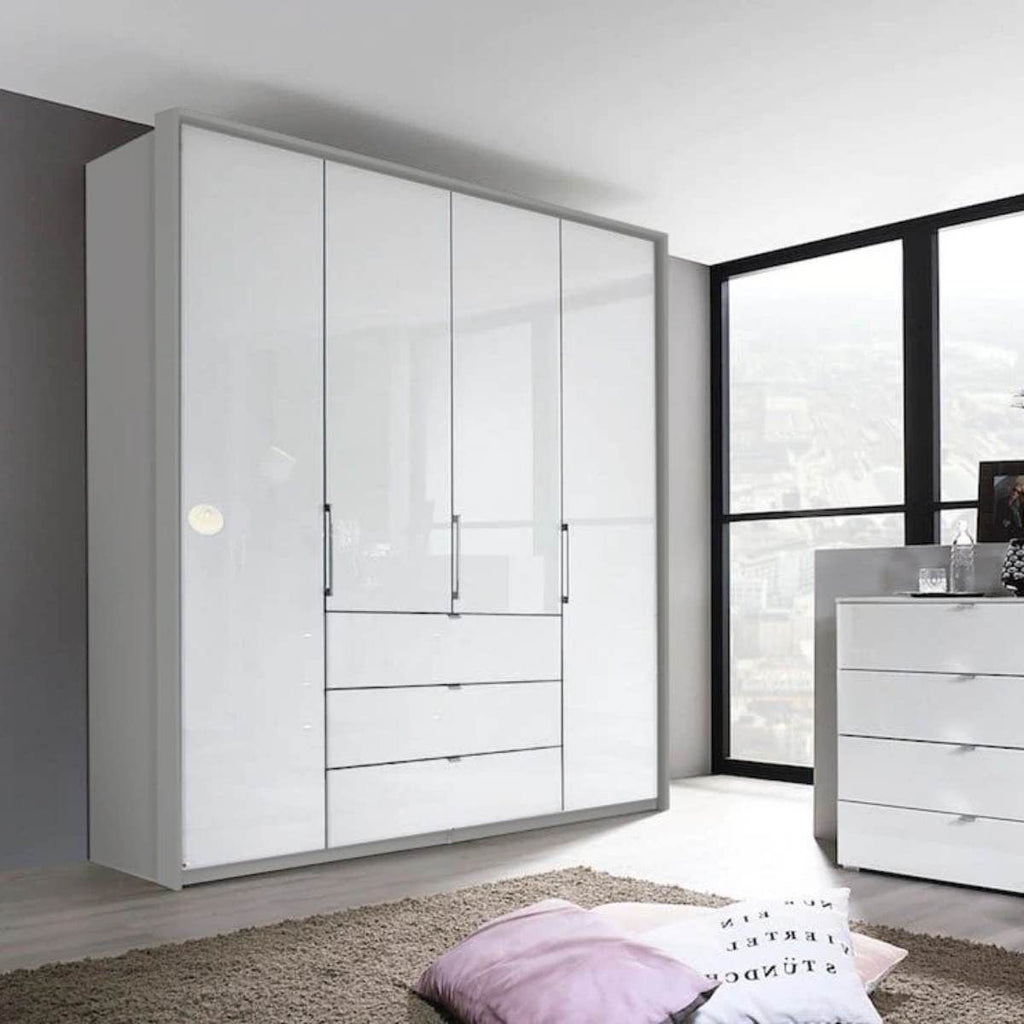 Oakwood Rauch Erimo Style 1 Silk Grey & White Glass Bi-Folding Doors Combi Wardrobe