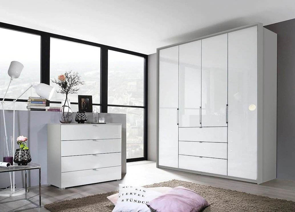 Oakwood Rauch Erimo Style 1 Silk Grey & White Glass Bi-Folding Doors Combi Wardrobe