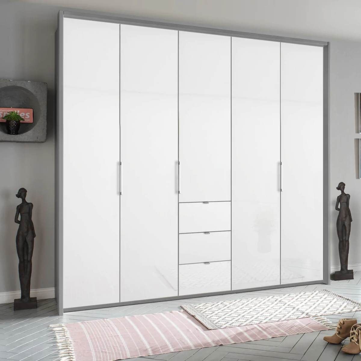 Oakwood Rauch Erimo Style 1 Silk Grey & White Glass Bi-folding 5 doors Combi Wardrobe W254CM