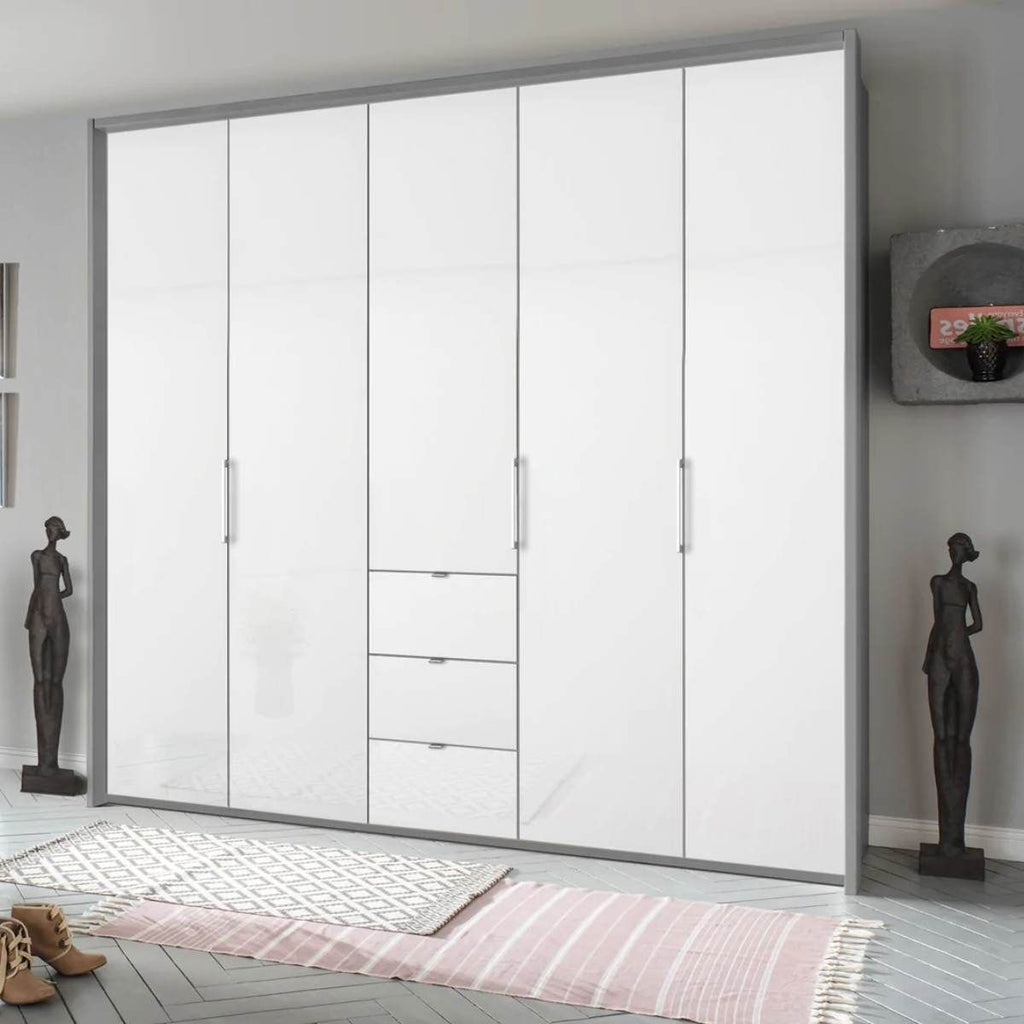 Oakwood Rauch Erimo Style 1 Silk Grey & White Glass Bi-folding 5 doors Combi Wardrobe W254CM