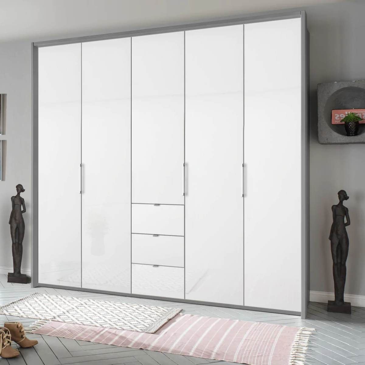 Oakwood Rauch Erimo Style 1 Silk Grey & White Glass Bi-folding 5 doors Combi Wardrobe W254CM