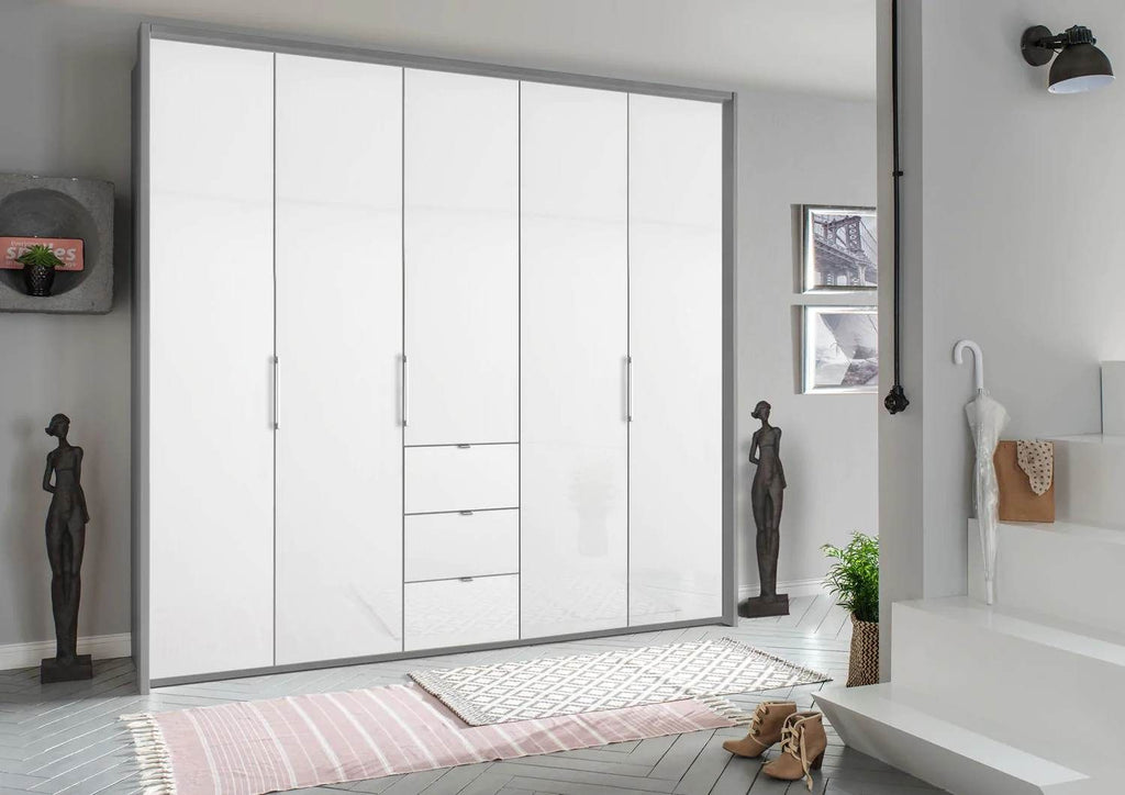 Oakwood Rauch Erimo Style 1 Silk Grey & White Glass Bi-folding 5 doors Combi Wardrobe W254CM