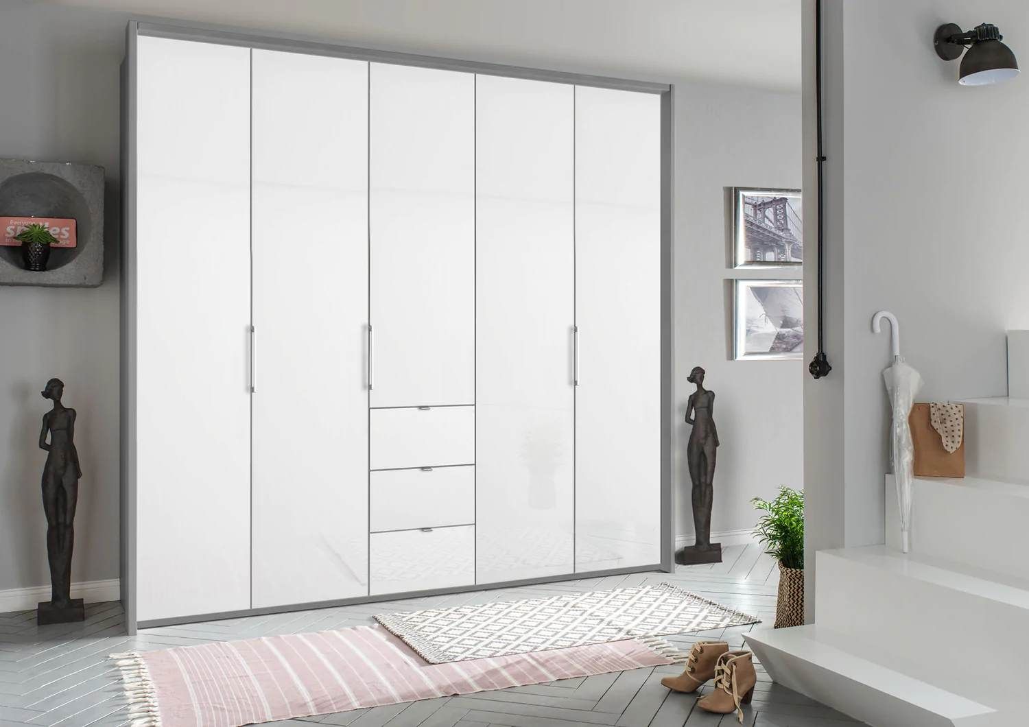 Oakwood Rauch Erimo Style 1 Silk Grey & White Glass Bi-folding 5 doors Combi Wardrobe W254CM