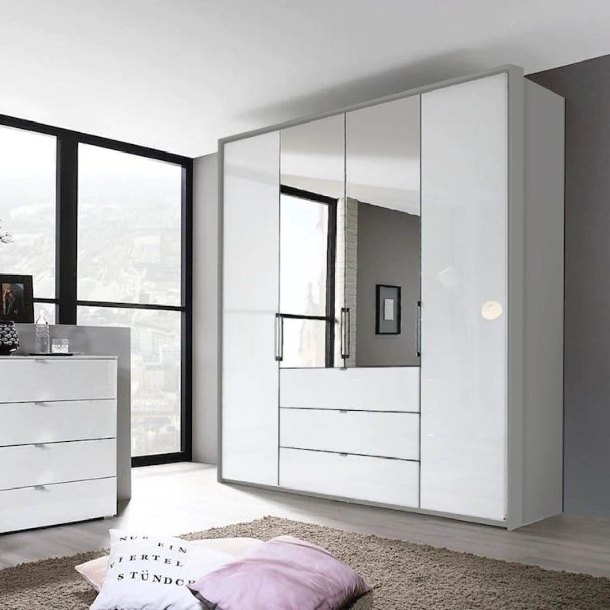 Oakwood Rauch Erimo Style 1 Silk Grey & White Glass Bi-Folding Doors Combi Wardrobe