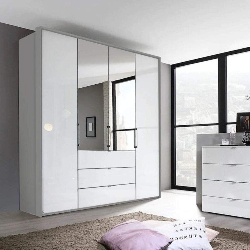 Oakwood Rauch Erimo Style 1 Silk Grey & White Glass Bi-Folding Doors Combi Wardrobe