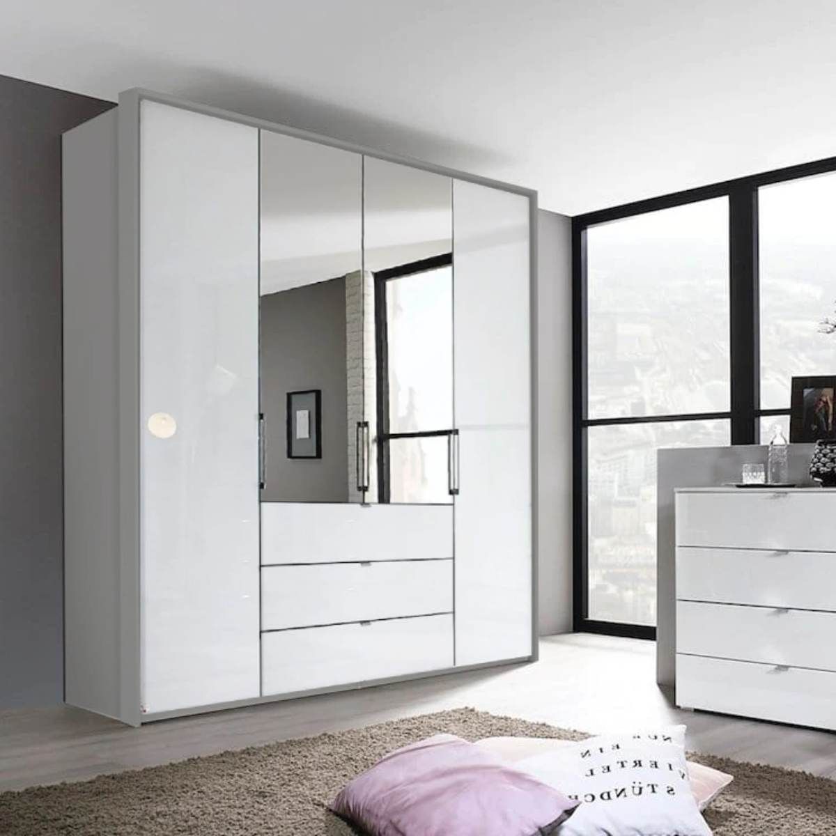 Oakwood Rauch Erimo Style 1 Silk Grey & White Glass Bi-Folding Doors Combi Wardrobe