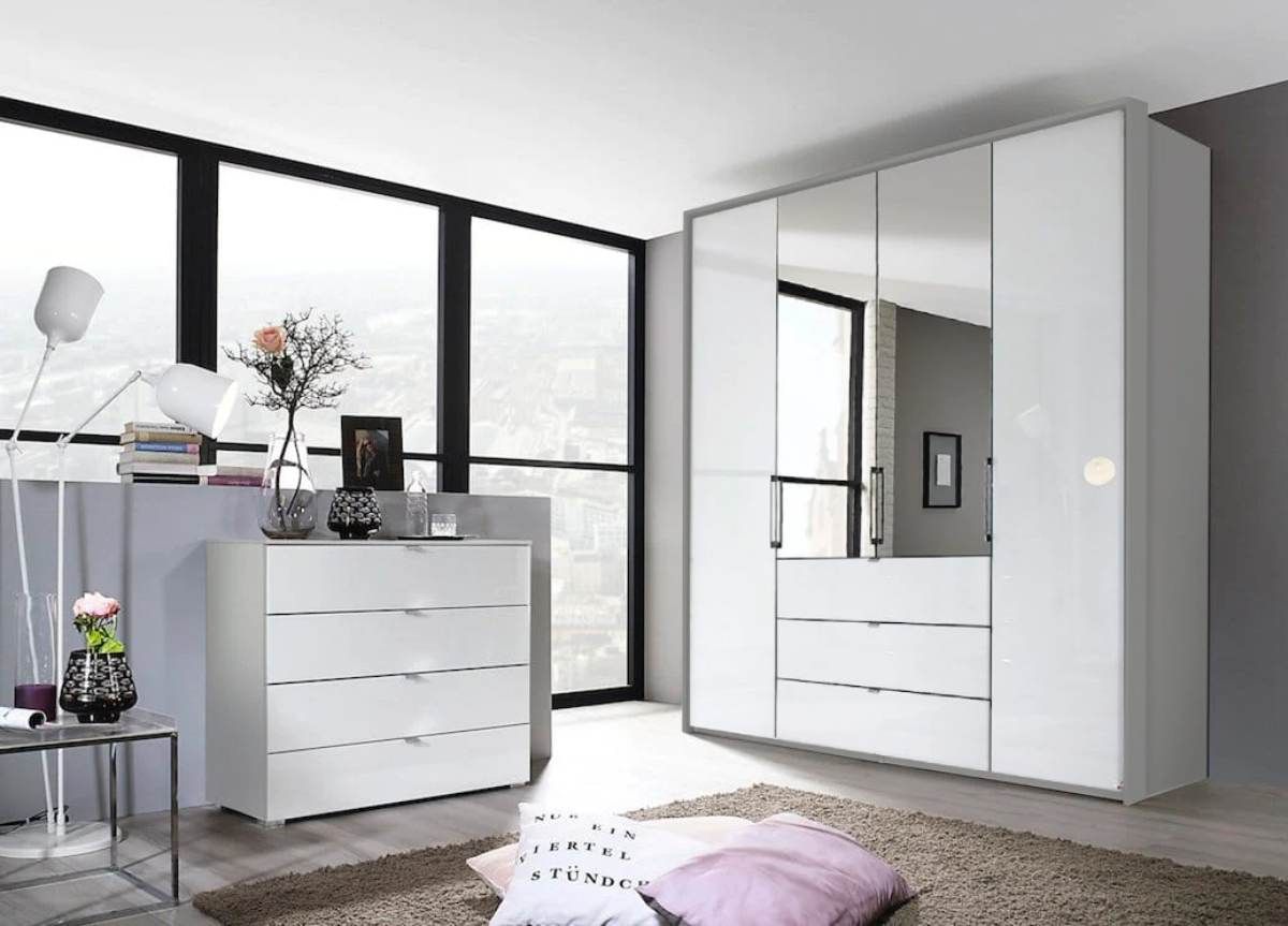 Oakwood Rauch Erimo Style 1 Silk Grey & White Glass Bi-Folding Doors Combi Wardrobe