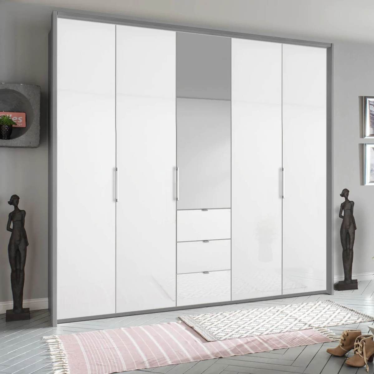 Oakwood Rauch Erimo Style 1 Silk Grey & White Glass Bi-folding 5 doors Combi Wardrobe W254CM