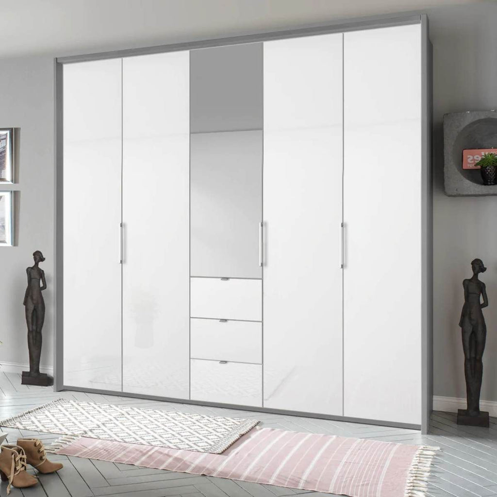 Oakwood Rauch Erimo Style 1 Silk Grey & White Glass Bi-folding 5 doors Combi Wardrobe W254CM