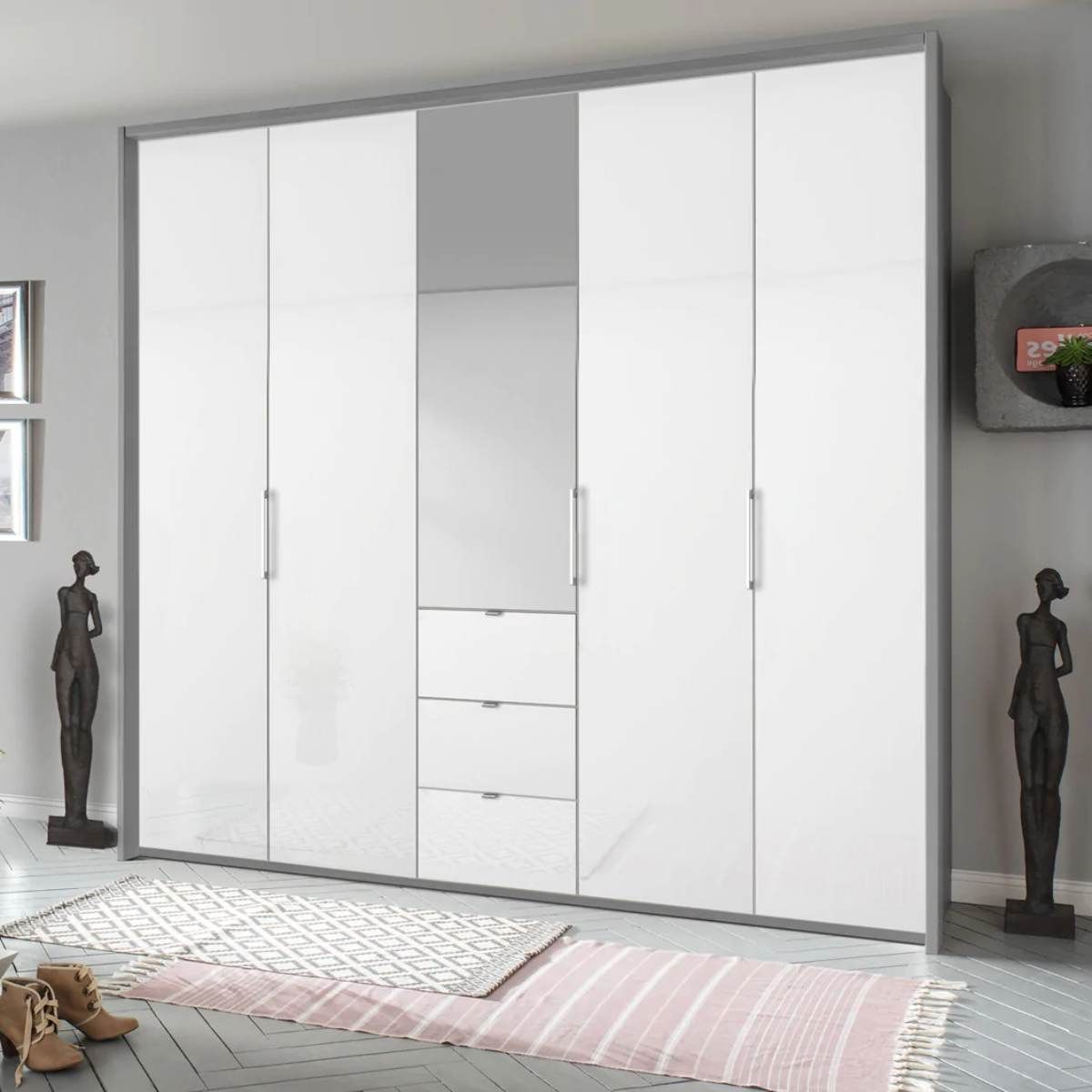 Oakwood Rauch Erimo Style 1 Silk Grey & White Glass Bi-folding 5 doors Combi Wardrobe W254CM