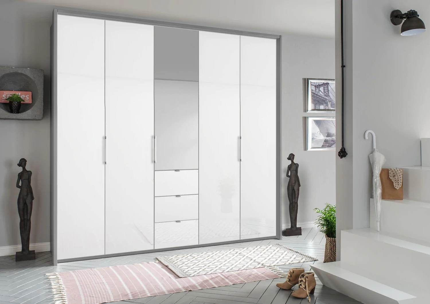 Oakwood Rauch Erimo Style 1 Silk Grey & White Glass Bi-folding 5 doors Combi Wardrobe W254CM