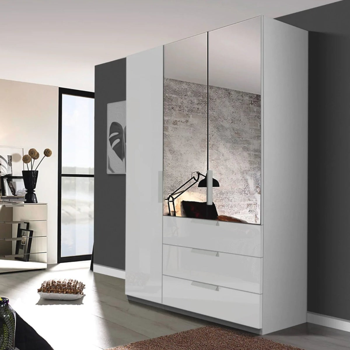 Oakwood Rauch Miramar Lynx White Glass & Mirror Front 3 Hinged Door Combi Wardrobe