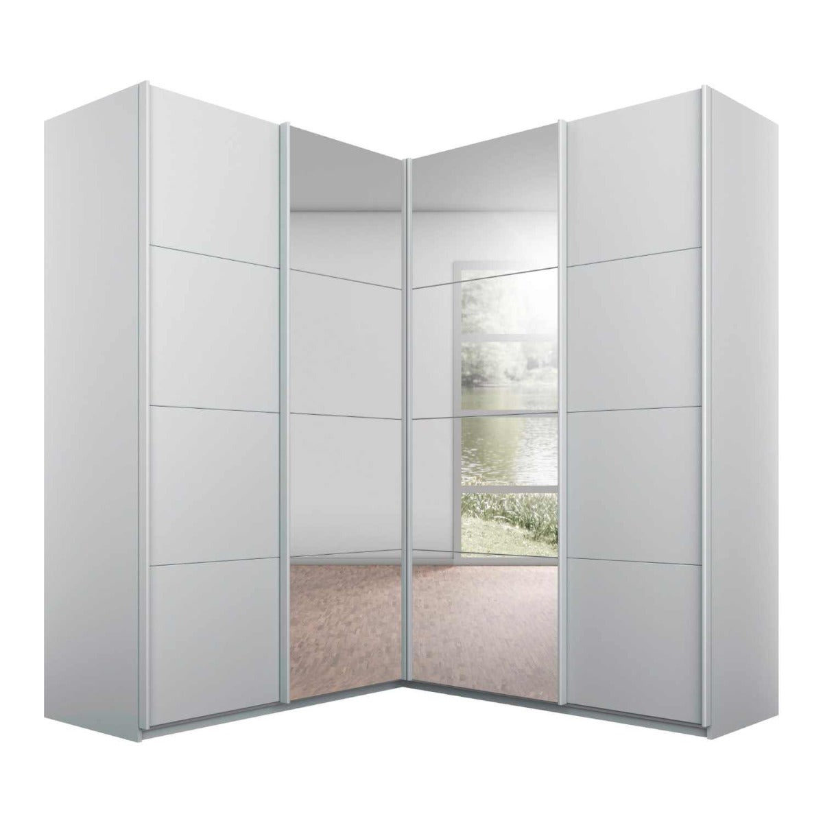Oakwood Rauch Luma 181cm 4 Door Corner Sliding Wardrobe with 2 Decor Doors and 2 Mirror Doors