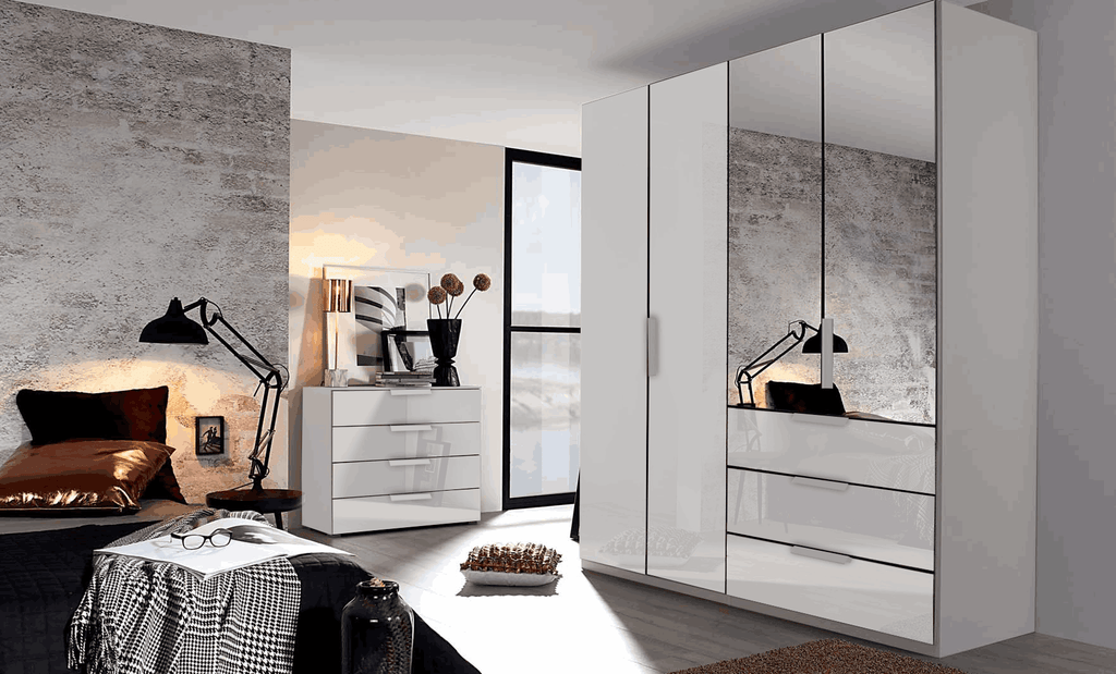 Oakwood Rauch Miramar Lynx White Glass & Mirror Front 4 Door Hinged Combi Wardrobe
