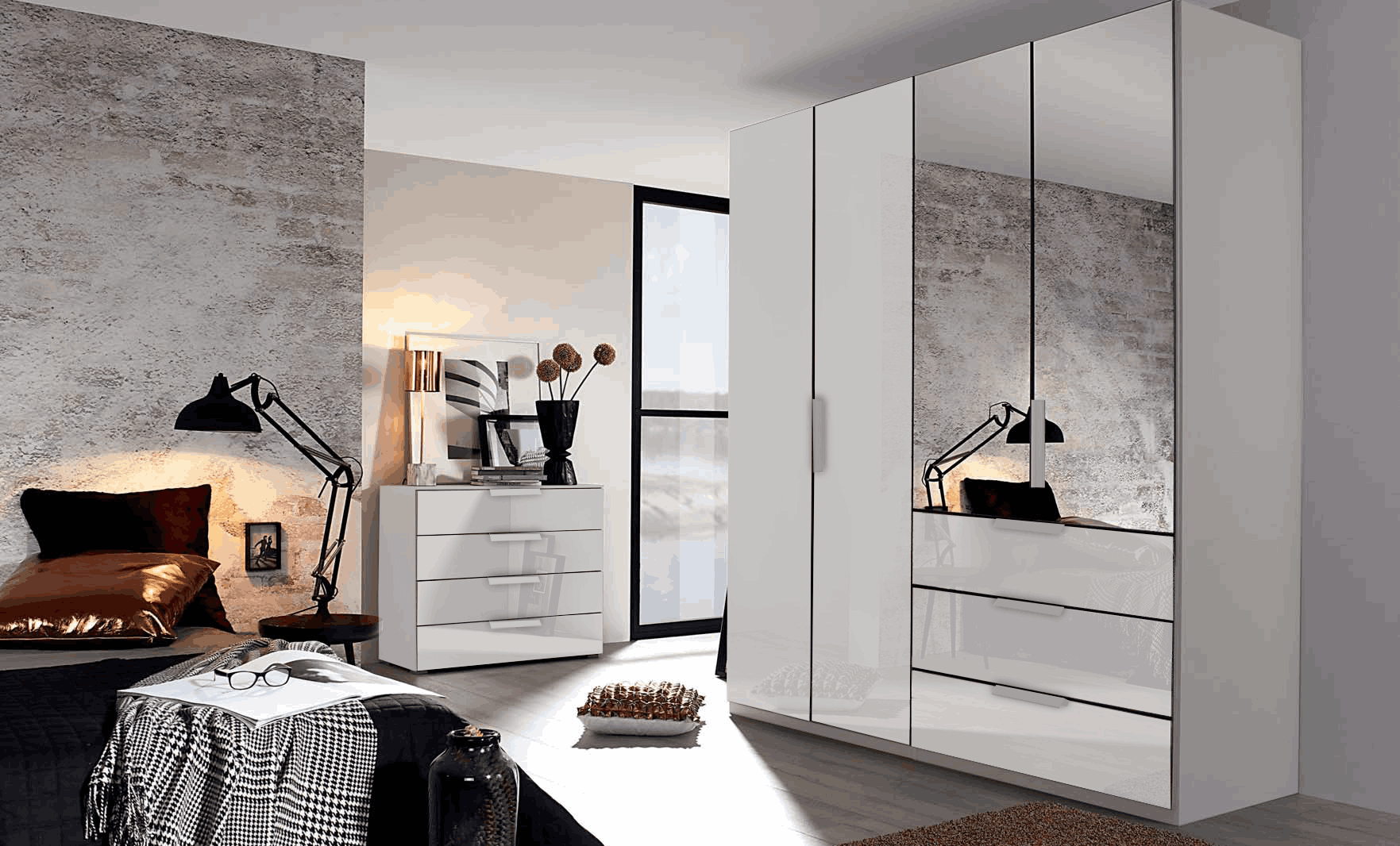 Oakwood Rauch Miramar Lynx White Glass & Mirror Front 4 Door Hinged Combi Wardrobe