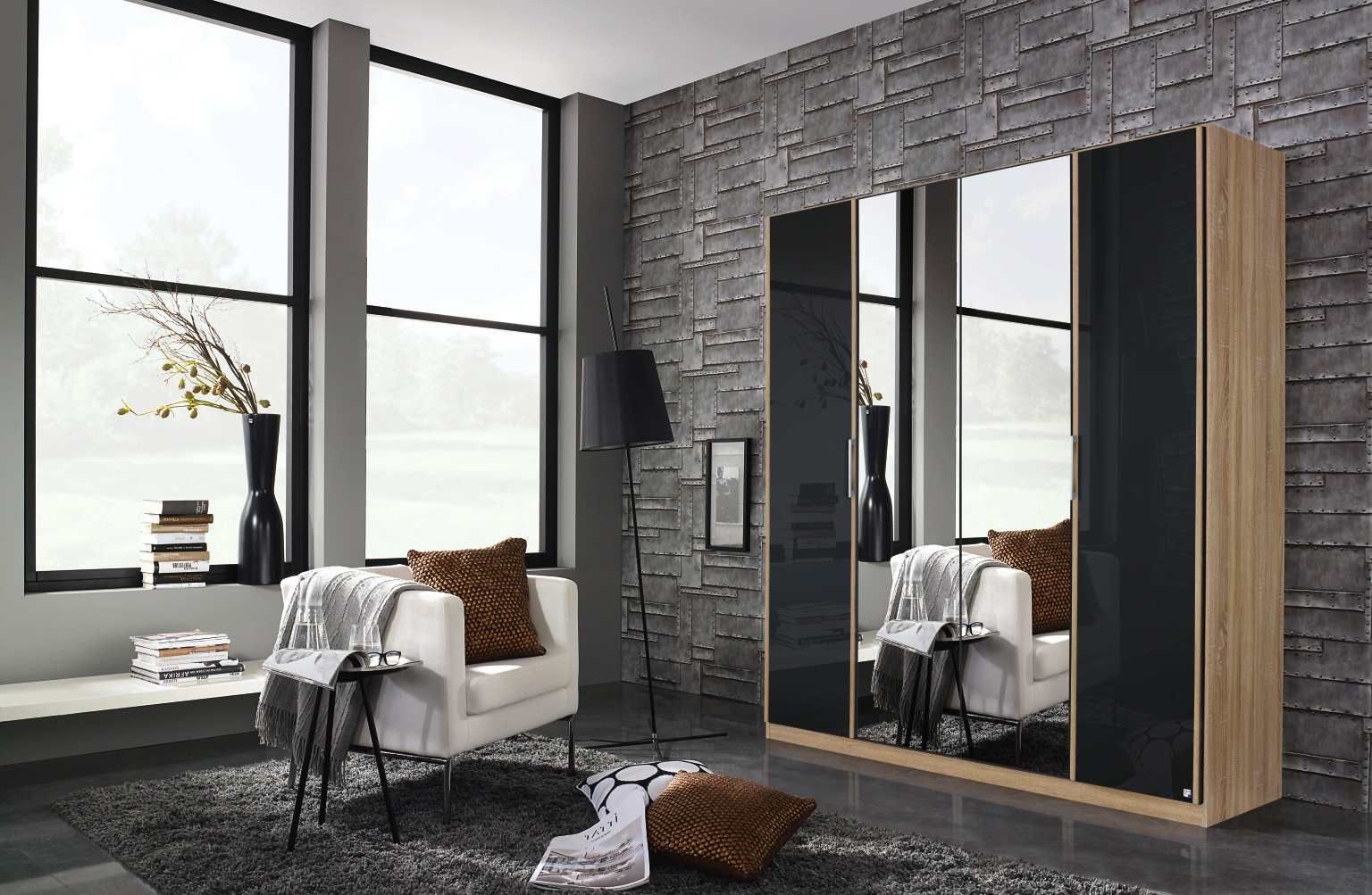 Oakwood Rauch Essensa Type E Sonoma Oak & Basalt Glass Hinged Wardrobe With Mirror
