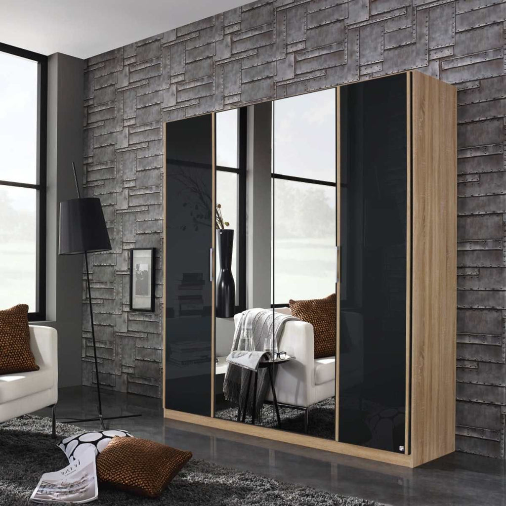 Oakwood Rauch Essensa Type E Sonoma Oak & Basalt Glass Hinged Wardrobe With Mirror