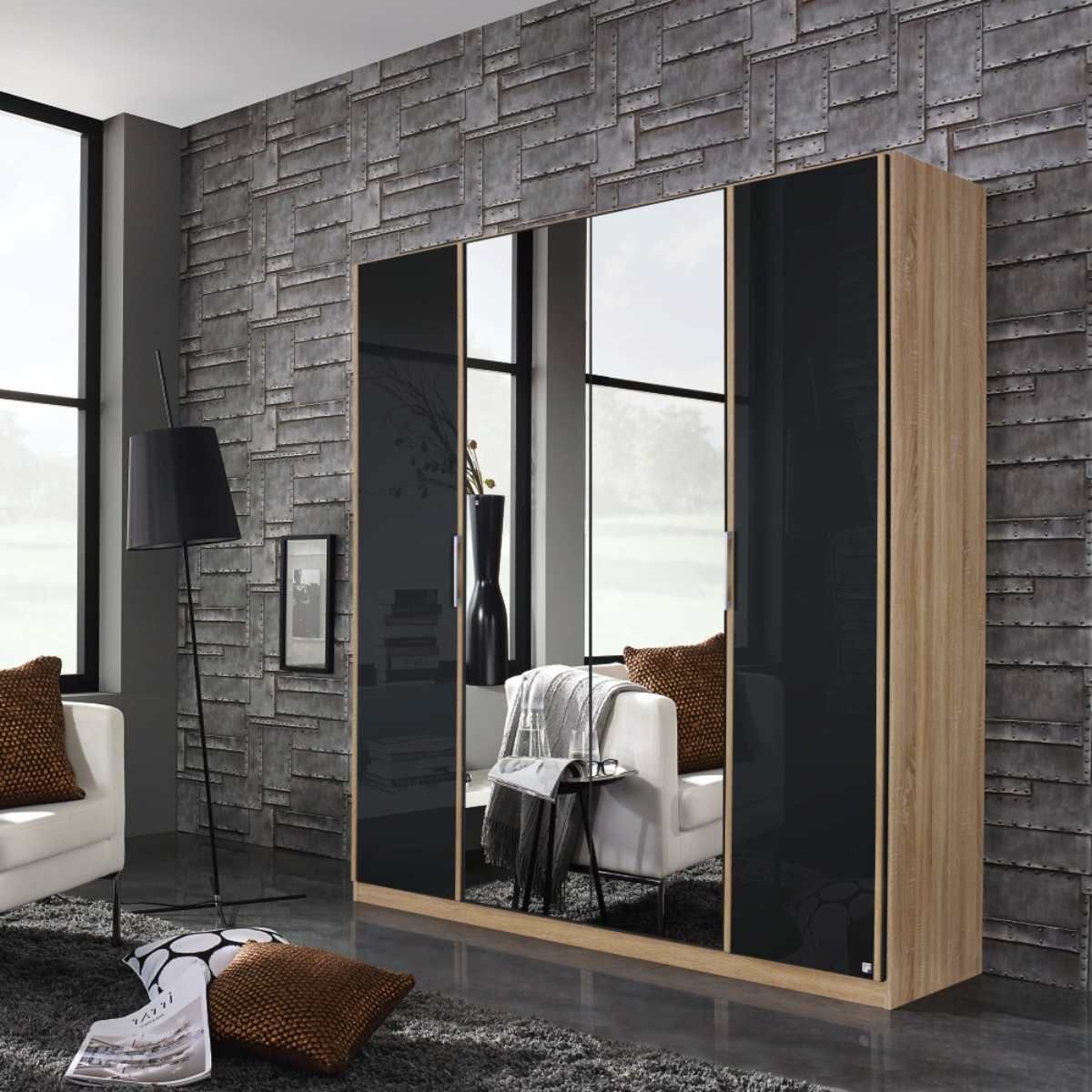 Oakwood Rauch Essensa Type E Sonoma Oak & Basalt Glass Hinged Wardrobe With Mirror